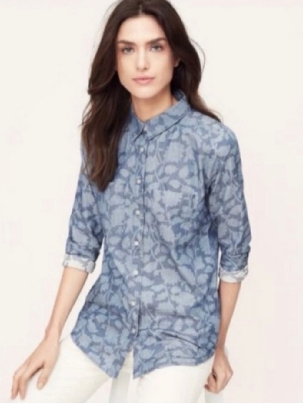 LOFT | The Softened Shirt | Chambray Floral | XS Tall | NWOT| Reversible Sleeve